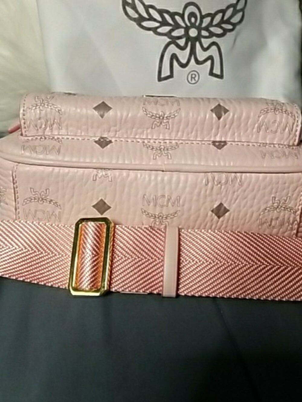 MCM Pale Pink Logo Crossbody Camera Bag with Gold Plaque - Picture 11 of 13